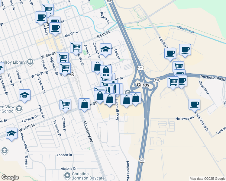 map of restaurants, bars, coffee shops, grocery stores, and more near 7035 Chestnut Street in Gilroy