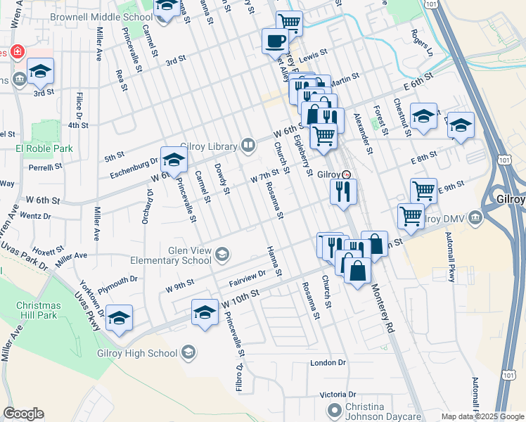 map of restaurants, bars, coffee shops, grocery stores, and more near 7200 Hanna Street in Gilroy
