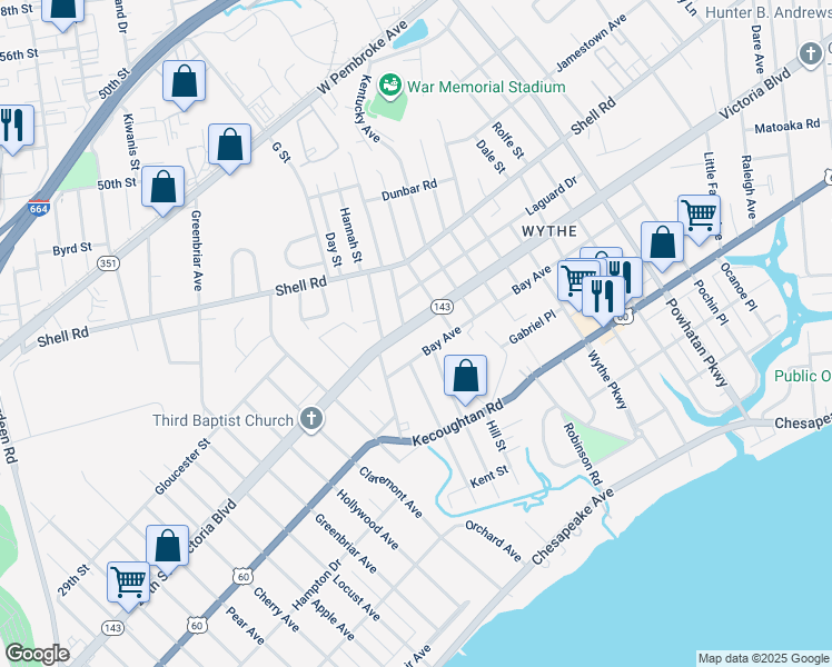 map of restaurants, bars, coffee shops, grocery stores, and more near 1805 Bay Avenue in Hampton