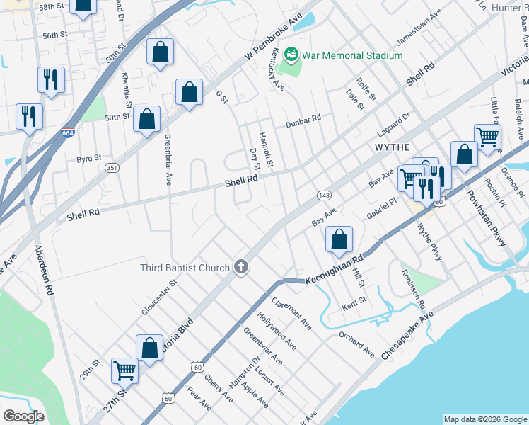 map of restaurants, bars, coffee shops, grocery stores, and more near 366 Wakefield Avenue in Hampton