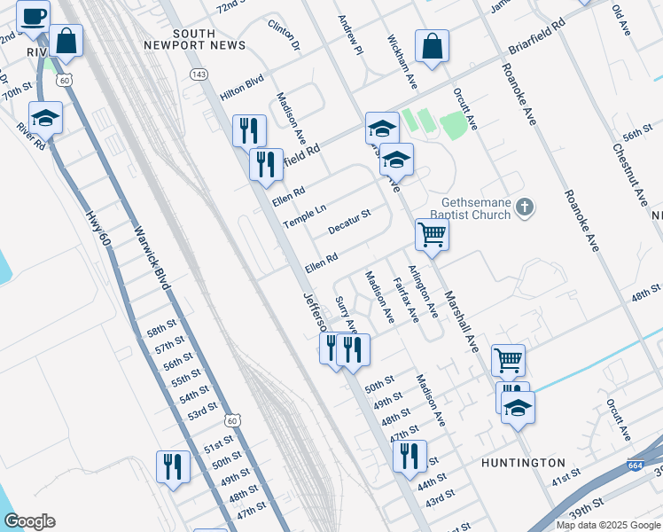 map of restaurants, bars, coffee shops, grocery stores, and more near 693 Ellen Road in Newport News