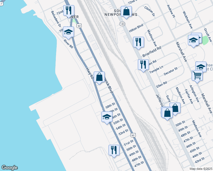 map of restaurants, bars, coffee shops, grocery stores, and more near 324 61st Street in Newport News