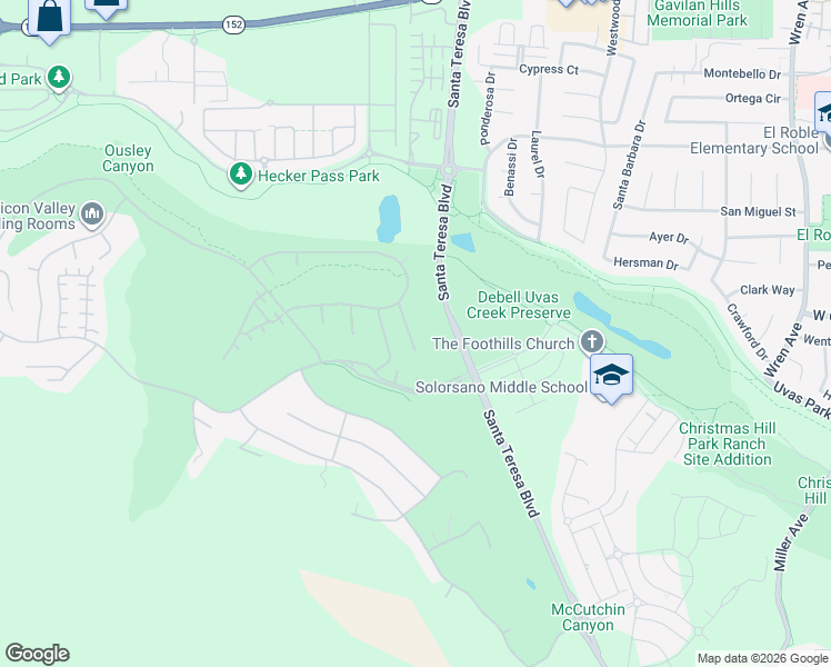 map of restaurants, bars, coffee shops, grocery stores, and more near 7440 Carnoustie Court in Gilroy