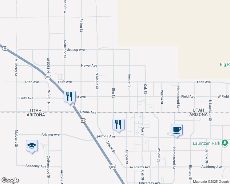 map of restaurants, bars, coffee shops, grocery stores, and more near 740 Elm Street in Hildale