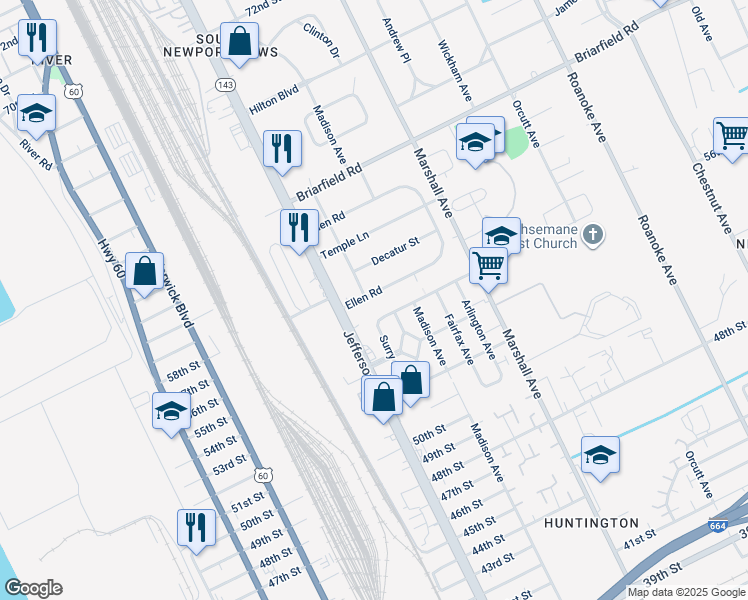 map of restaurants, bars, coffee shops, grocery stores, and more near 693 Ellen Road in Newport News