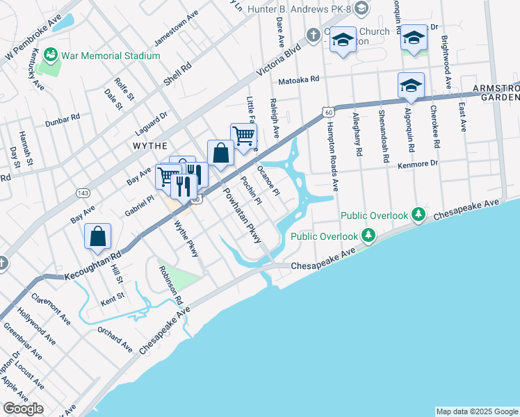 map of restaurants, bars, coffee shops, grocery stores, and more near 115 Pochin Place in Hampton