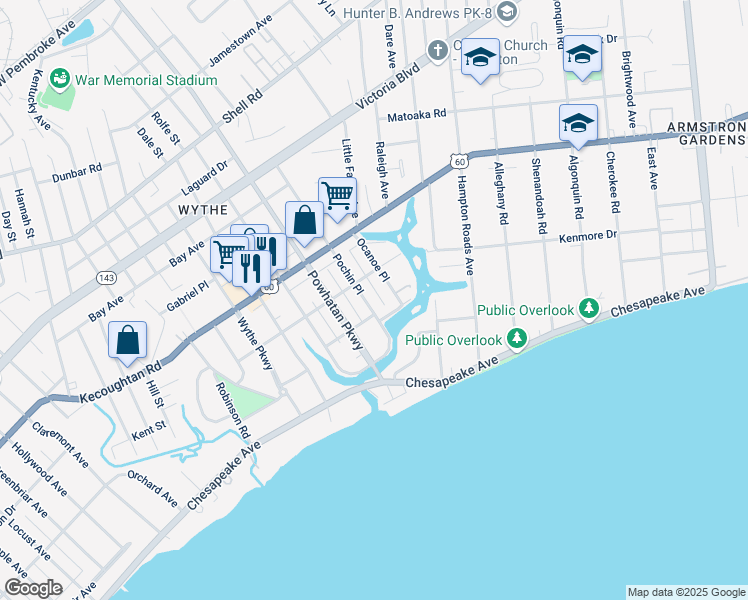 map of restaurants, bars, coffee shops, grocery stores, and more near 116 Pochin Place in Hampton