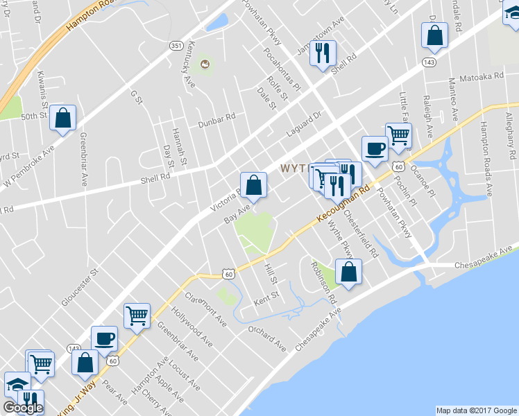 map of restaurants, bars, coffee shops, grocery stores, and more near 237 Robinson Road in Hampton