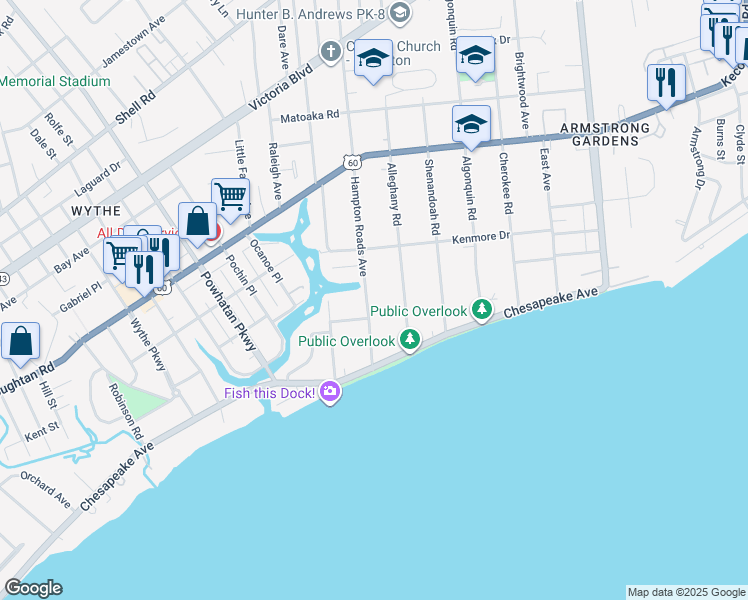 map of restaurants, bars, coffee shops, grocery stores, and more near 52 Hampton Roads Avenue in Hampton