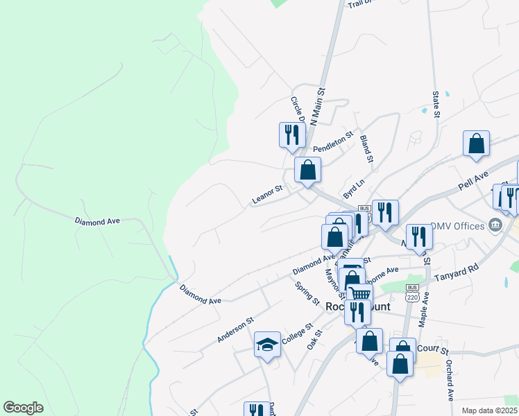 map of restaurants, bars, coffee shops, grocery stores, and more near 214 Smithers Street in Rocky Mount