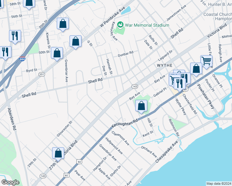 map of restaurants, bars, coffee shops, grocery stores, and more near 413 Pennsylvania Avenue in Hampton