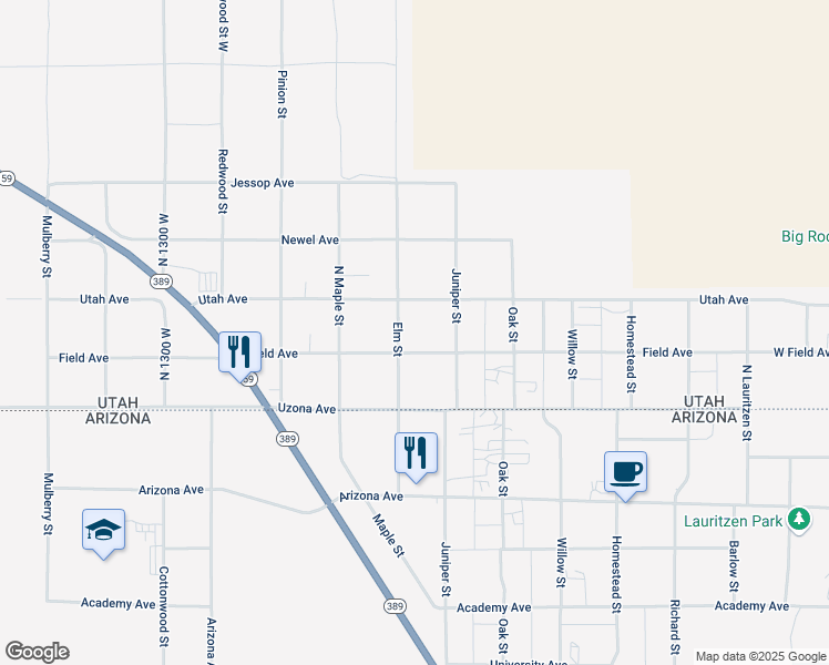map of restaurants, bars, coffee shops, grocery stores, and more near 740 Elm Street in Hildale