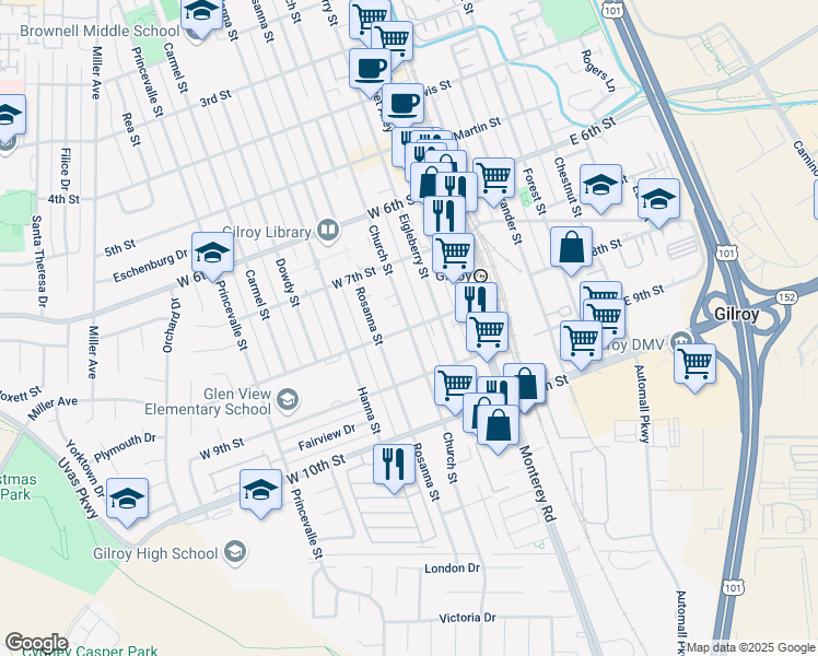 map of restaurants, bars, coffee shops, grocery stores, and more near Church St & W 8th St in Gilroy
