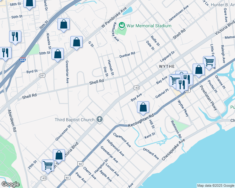 map of restaurants, bars, coffee shops, grocery stores, and more near 413 Pennsylvania Avenue in Hampton