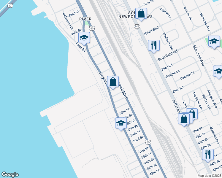 map of restaurants, bars, coffee shops, grocery stores, and more near 6200 Huntington Avenue in Newport News