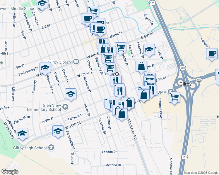 map of restaurants, bars, coffee shops, grocery stores, and more near 7130 Eigleberry Street in Gilroy