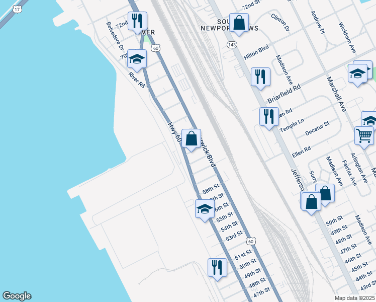 map of restaurants, bars, coffee shops, grocery stores, and more near 6200 Huntington Avenue in Newport News
