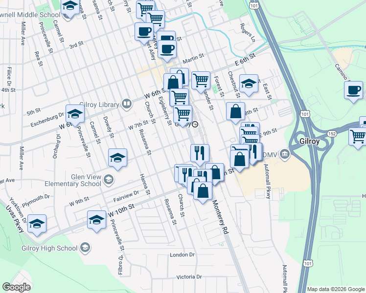map of restaurants, bars, coffee shops, grocery stores, and more near 7190 Eigleberry Street in Gilroy