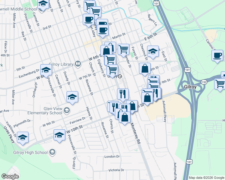 map of restaurants, bars, coffee shops, grocery stores, and more near 7190 Eigleberry Street in Gilroy