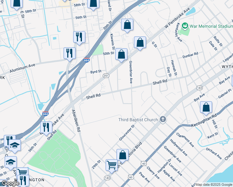 map of restaurants, bars, coffee shops, grocery stores, and more near 898 Shell Road in Hampton