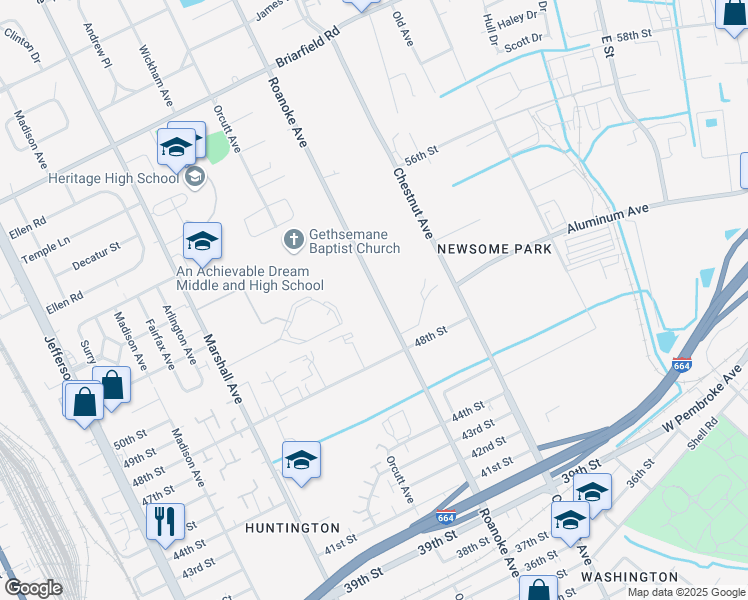 map of restaurants, bars, coffee shops, grocery stores, and more near 5005 Roanoke Avenue in Newport News