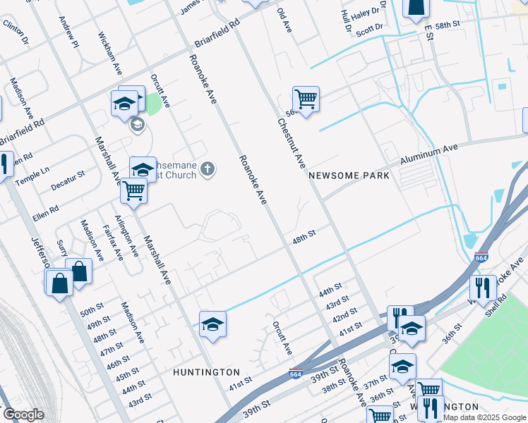 map of restaurants, bars, coffee shops, grocery stores, and more near 5005 Roanoke Avenue in Newport News