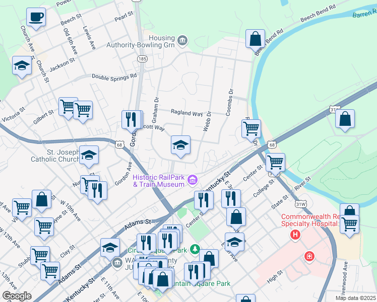 map of restaurants, bars, coffee shops, grocery stores, and more near 165 Webb Drive in Bowling Green