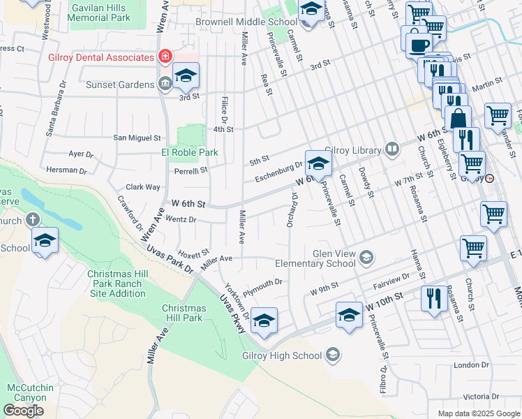 map of restaurants, bars, coffee shops, grocery stores, and more near 819 Cumberland Drive in Gilroy