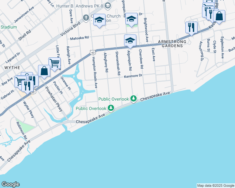 map of restaurants, bars, coffee shops, grocery stores, and more near 49 Shenandoah Road in Hampton