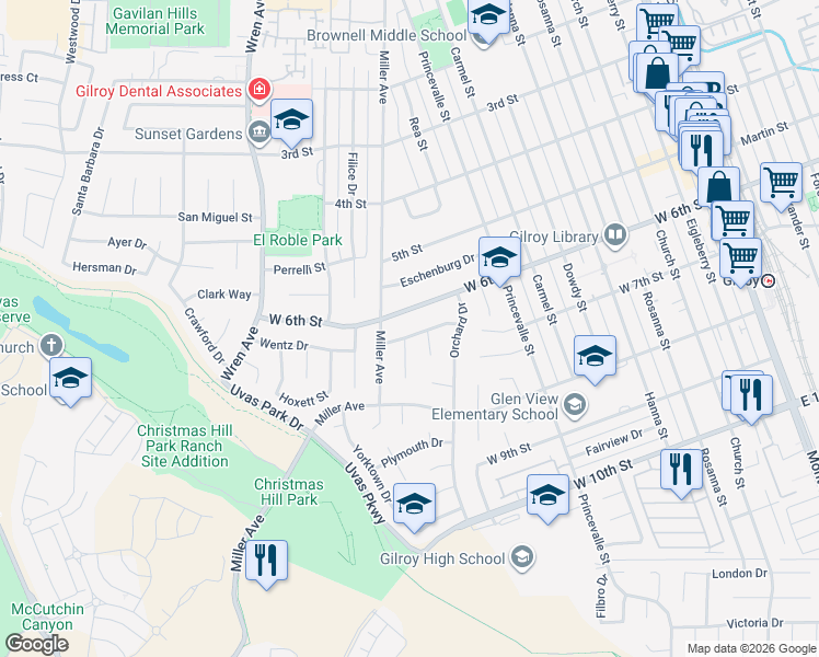 map of restaurants, bars, coffee shops, grocery stores, and more near 819 Cumberland Drive in Gilroy