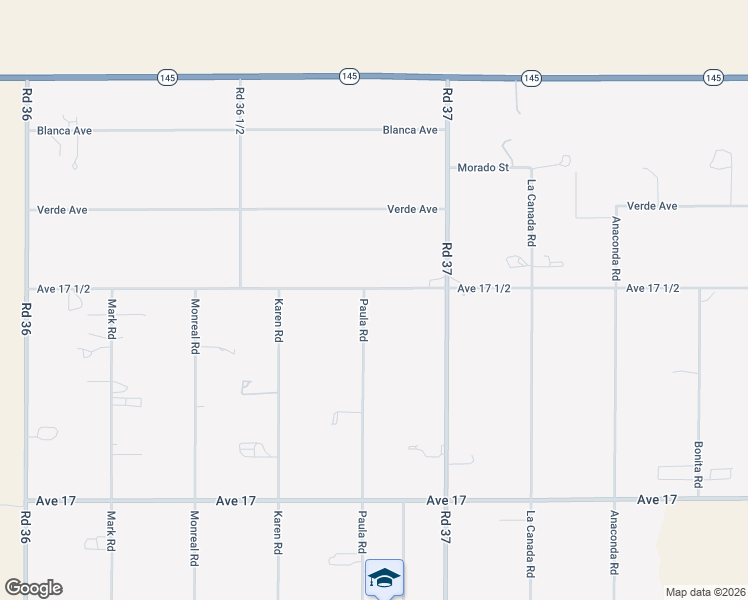 map of restaurants, bars, coffee shops, grocery stores, and more near 17421 Paula Road in Madera