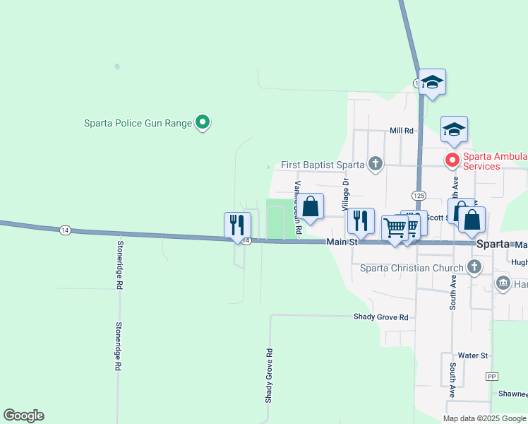 map of restaurants, bars, coffee shops, grocery stores, and more near 127 East Terrace Court in Sparta