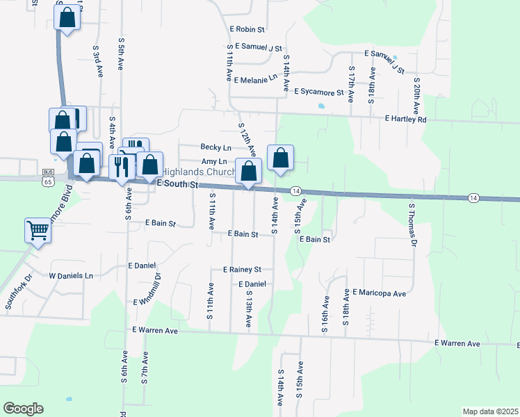 map of restaurants, bars, coffee shops, grocery stores, and more near 1704 South 13th Avenue in Ozark