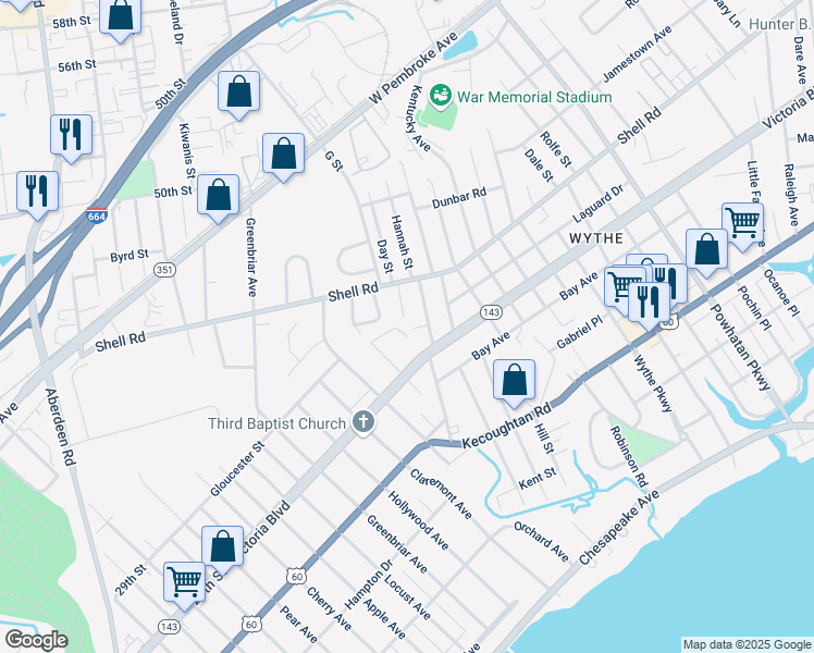 map of restaurants, bars, coffee shops, grocery stores, and more near 513 Day Street in Hampton