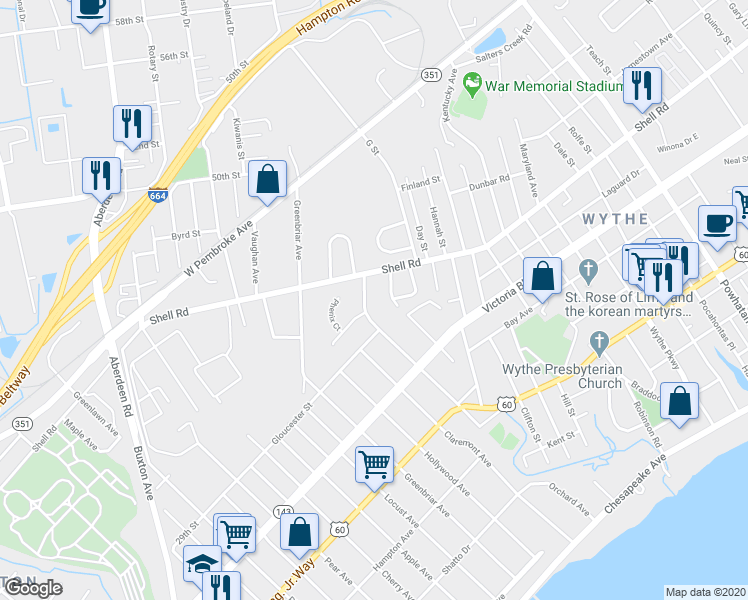 map of restaurants, bars, coffee shops, grocery stores, and more near 427 Catalpa Avenue in Hampton