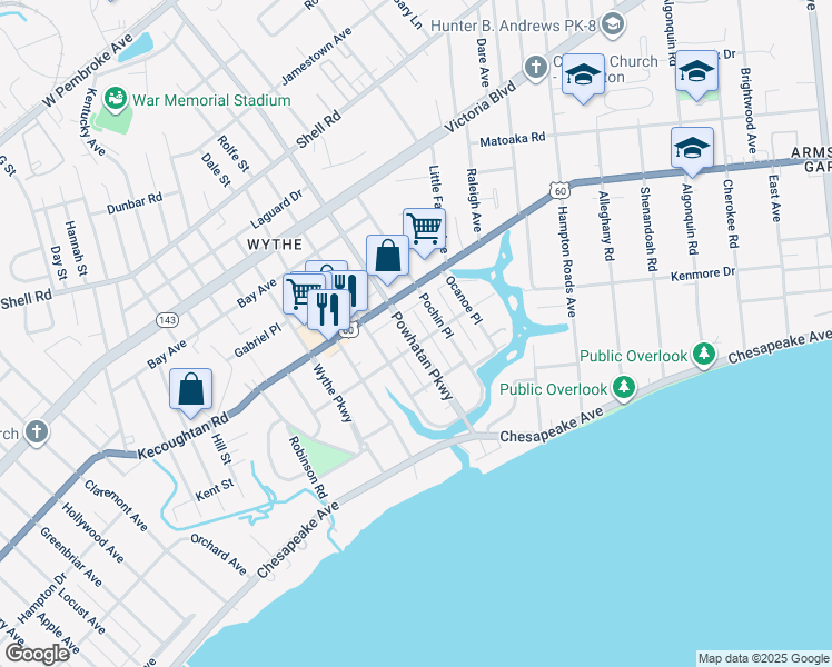 map of restaurants, bars, coffee shops, grocery stores, and more near 130 Powhatan Parkway in Hampton