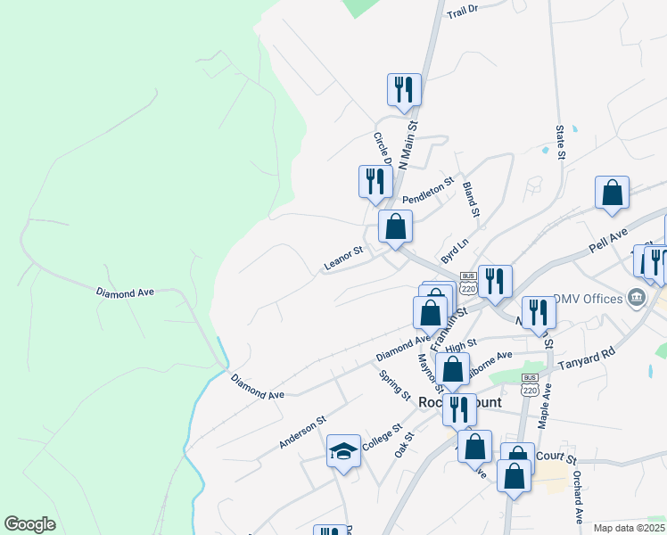 map of restaurants, bars, coffee shops, grocery stores, and more near 115 Leanor Street in Rocky Mount