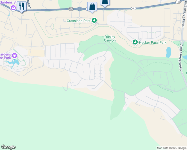 map of restaurants, bars, coffee shops, grocery stores, and more near 7521 Edinburgh Way in Gilroy