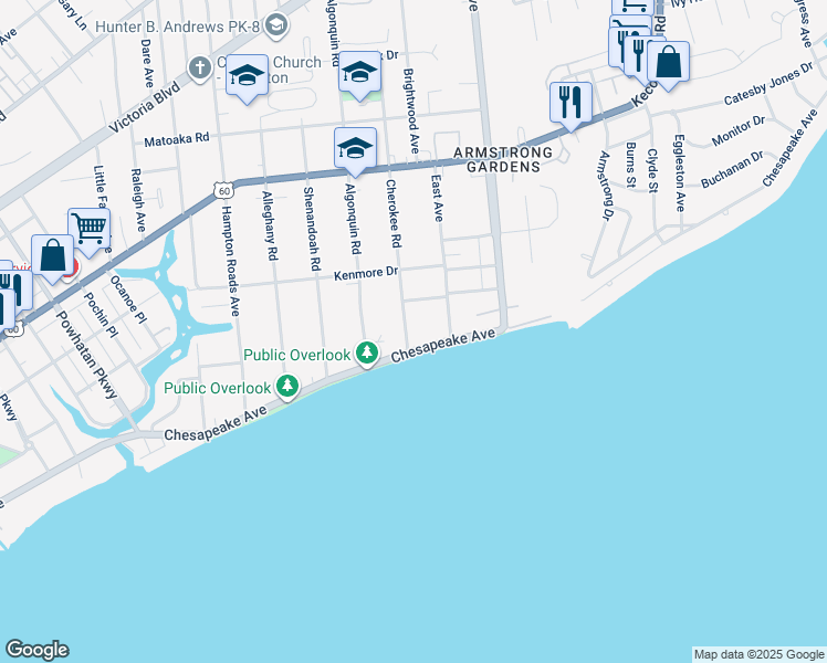 map of restaurants, bars, coffee shops, grocery stores, and more near 54 Cherokee Road in Hampton