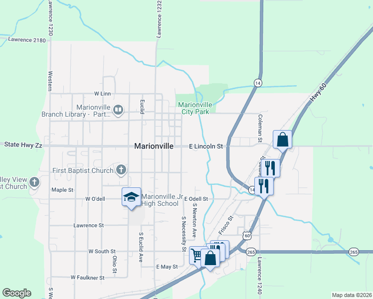 map of restaurants, bars, coffee shops, grocery stores, and more near 104 South Mill Street in Marionville