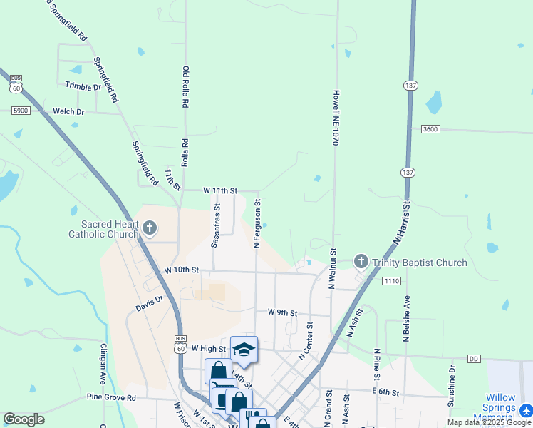 map of restaurants, bars, coffee shops, grocery stores, and more near 1027 North Ferguson Street in Willow Springs