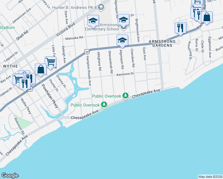 map of restaurants, bars, coffee shops, grocery stores, and more near 65 Shenandoah Road in Hampton