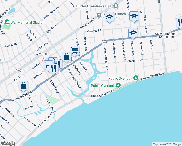 map of restaurants, bars, coffee shops, grocery stores, and more near 405 Harbor Drive in Hampton