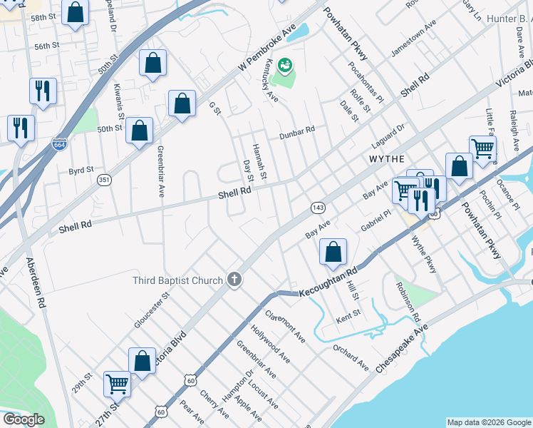 map of restaurants, bars, coffee shops, grocery stores, and more near 510 Pennsylvania Avenue in Hampton
