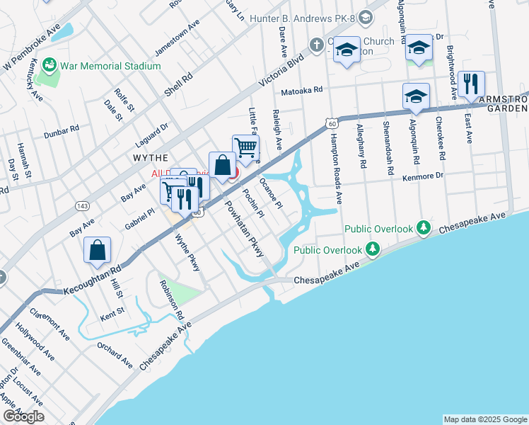 map of restaurants, bars, coffee shops, grocery stores, and more near 130 Pochin Place in Hampton