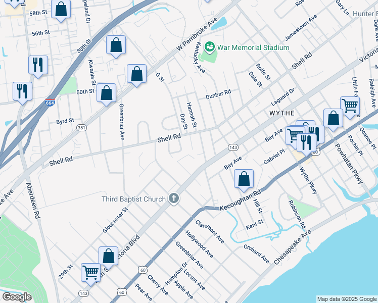map of restaurants, bars, coffee shops, grocery stores, and more near 503 Day Street in Hampton