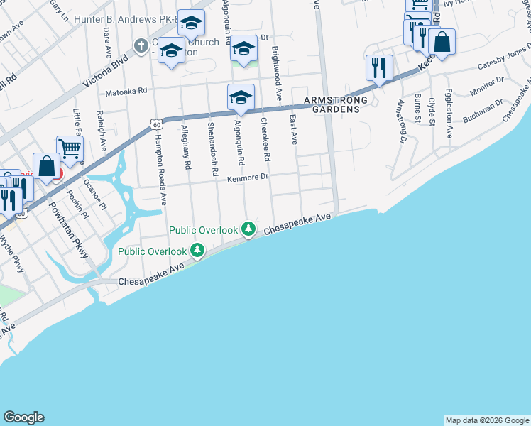 map of restaurants, bars, coffee shops, grocery stores, and more near 63 Cherokee Road in Hampton