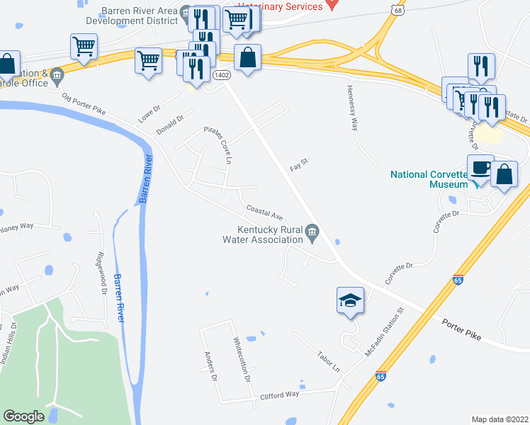 map of restaurants, bars, coffee shops, grocery stores, and more near Coastal Avenue in Bowling Green