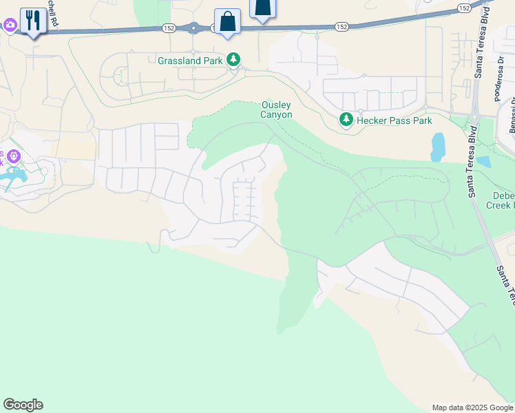 map of restaurants, bars, coffee shops, grocery stores, and more near 7556 Turnberry Way in Gilroy