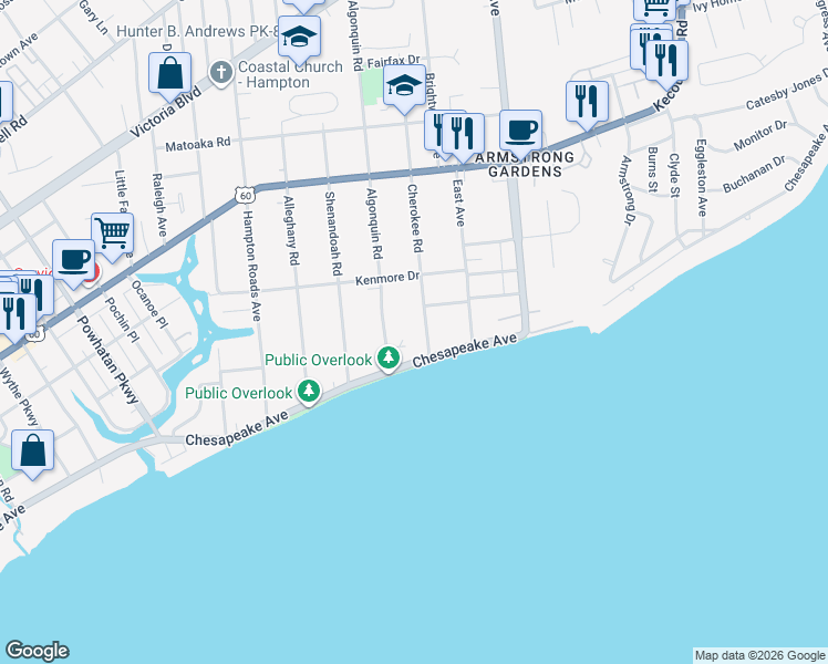 map of restaurants, bars, coffee shops, grocery stores, and more near 63 Cherokee Road in Hampton
